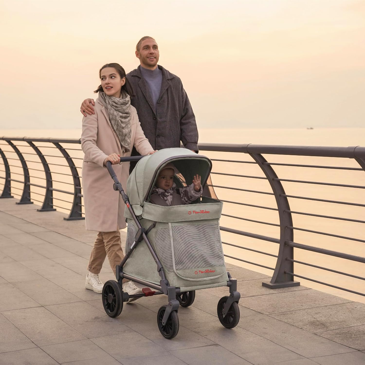 Familidoo Q1 Multi-Use Kids Wagon Stroller – Foldable, Lightweight & All-Terrain for Kids & Pets – 5-Point Safety Harness, Rain Cover & Compact Travel Design – Supports Up to 132 lbs (Sage Green)