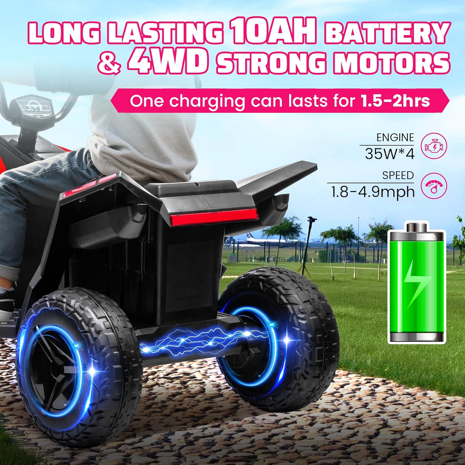 Kids ATV 4 Wheels, 24V Ride on Car with Remote Control, 3 Speeds Change Electric Toddler Car, Kids' Electric Vehicles 2 Seater, LED Headlights, Bluetooth Music, Red