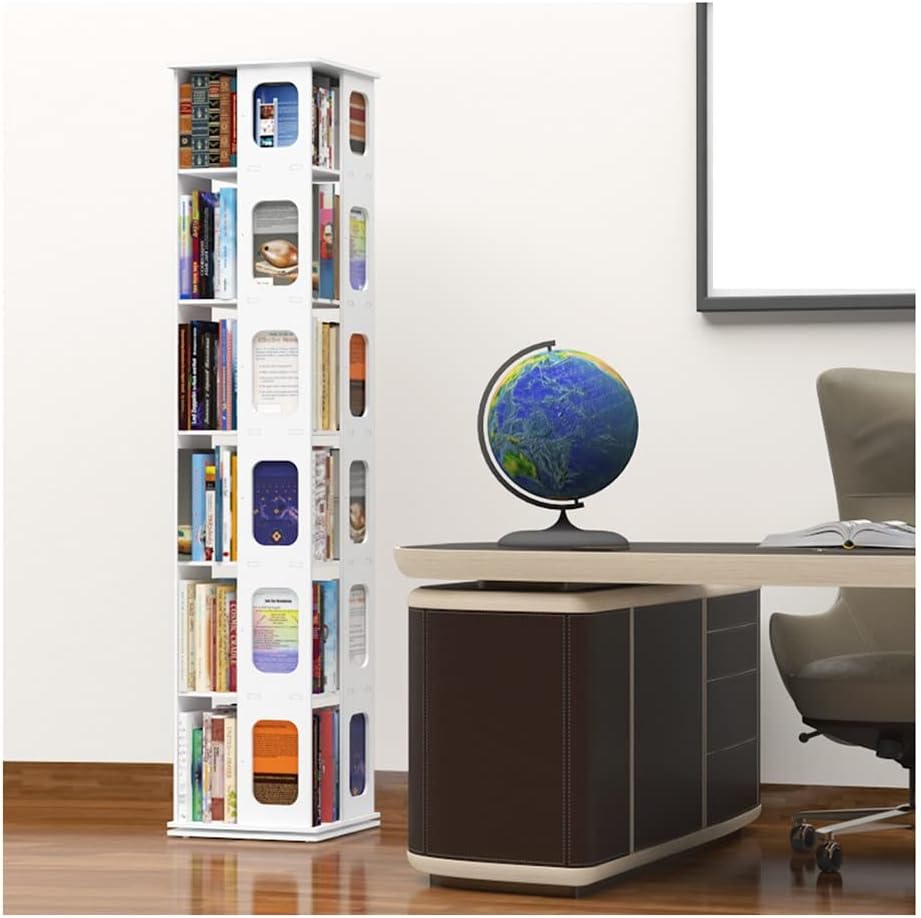 360 Degree Rotation Square Bookshelf, Home Office Library Floor Standing Solid Wood Bookcase, Space Saving Corner Shelf Storage Rack (Color : White, Size : 6 Tier)