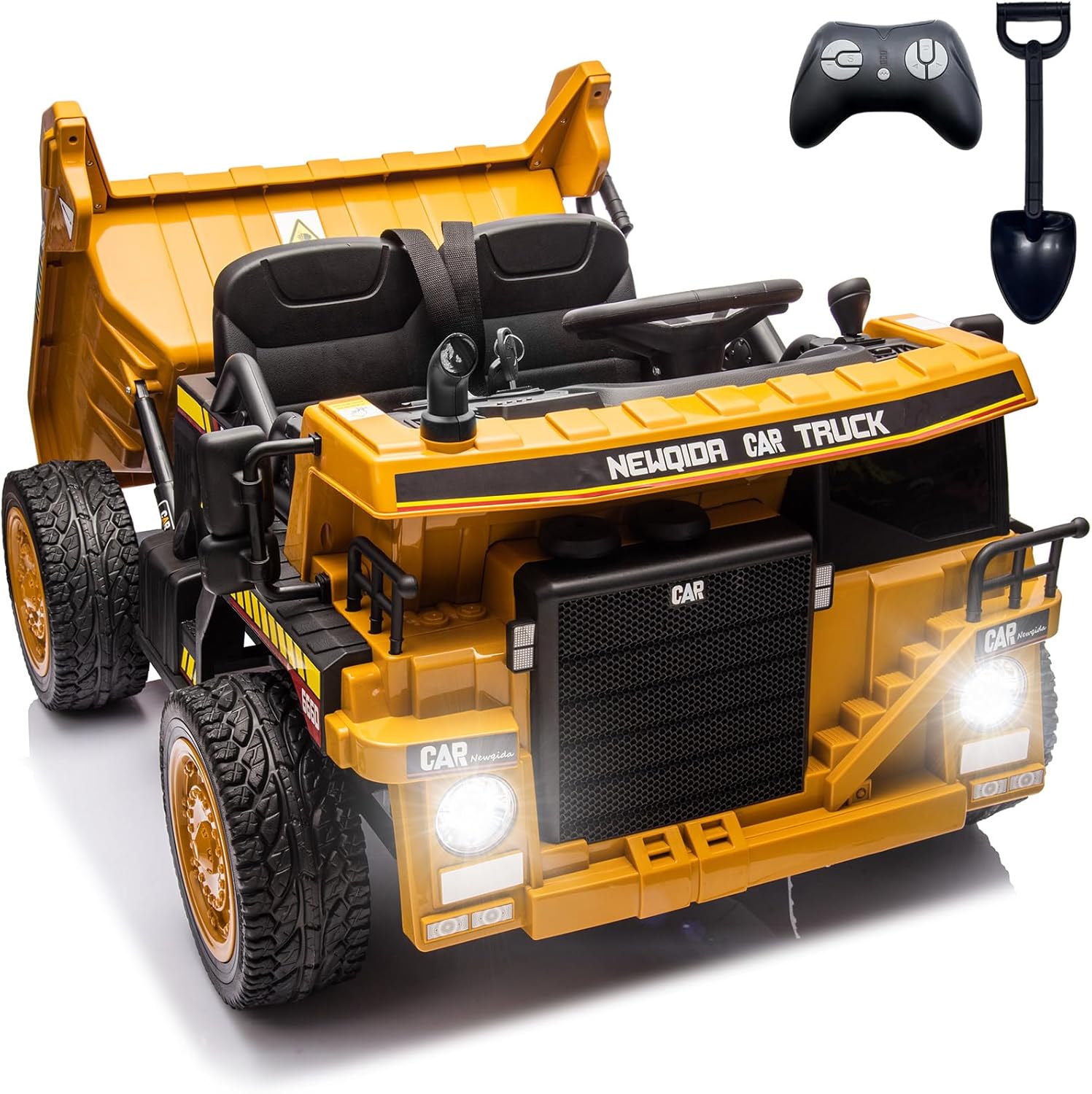 NEWQIDA 24V Ride on Dump Truck, Kids Electric Car with Remote Control, Ride on Construction Vehicles w/Electric Dump Bed, Shovel, 2x75W Powerful Motors, Up to 4.4Mph, EVA Tires, Soft Start, Yellow