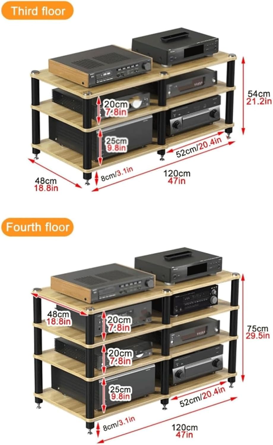 PZEOB Audio-Video Shelving Stainless Steel Audio Rack Component Cabinet for Home