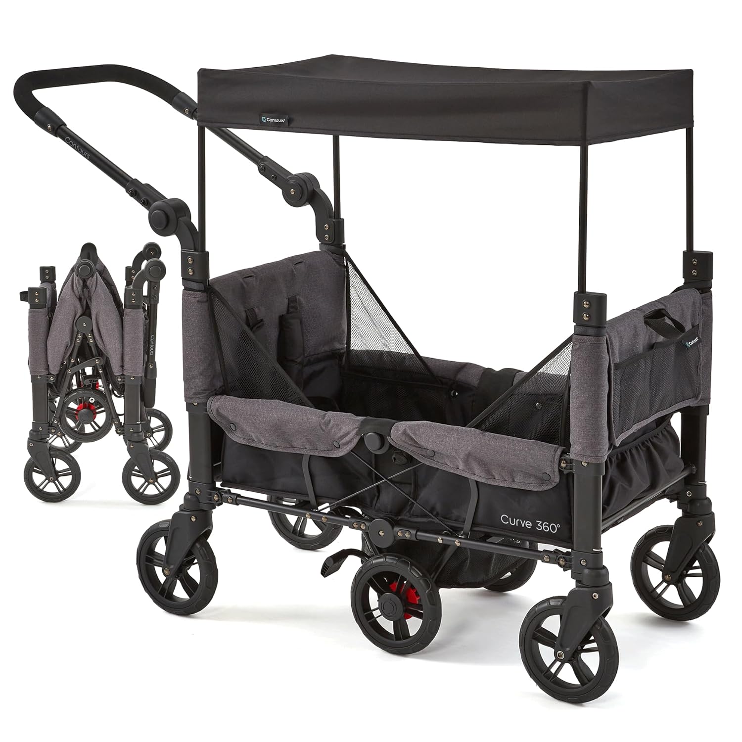 Contours Curve 360 Lightweight Double Baby Stroller Wagon for 2 Kids, Fits Infant Car Seats, Ultra Maneuverable, Easy in and Out for Toddlers with Deep Footwell, Storage Pockets and Adjustable Handle