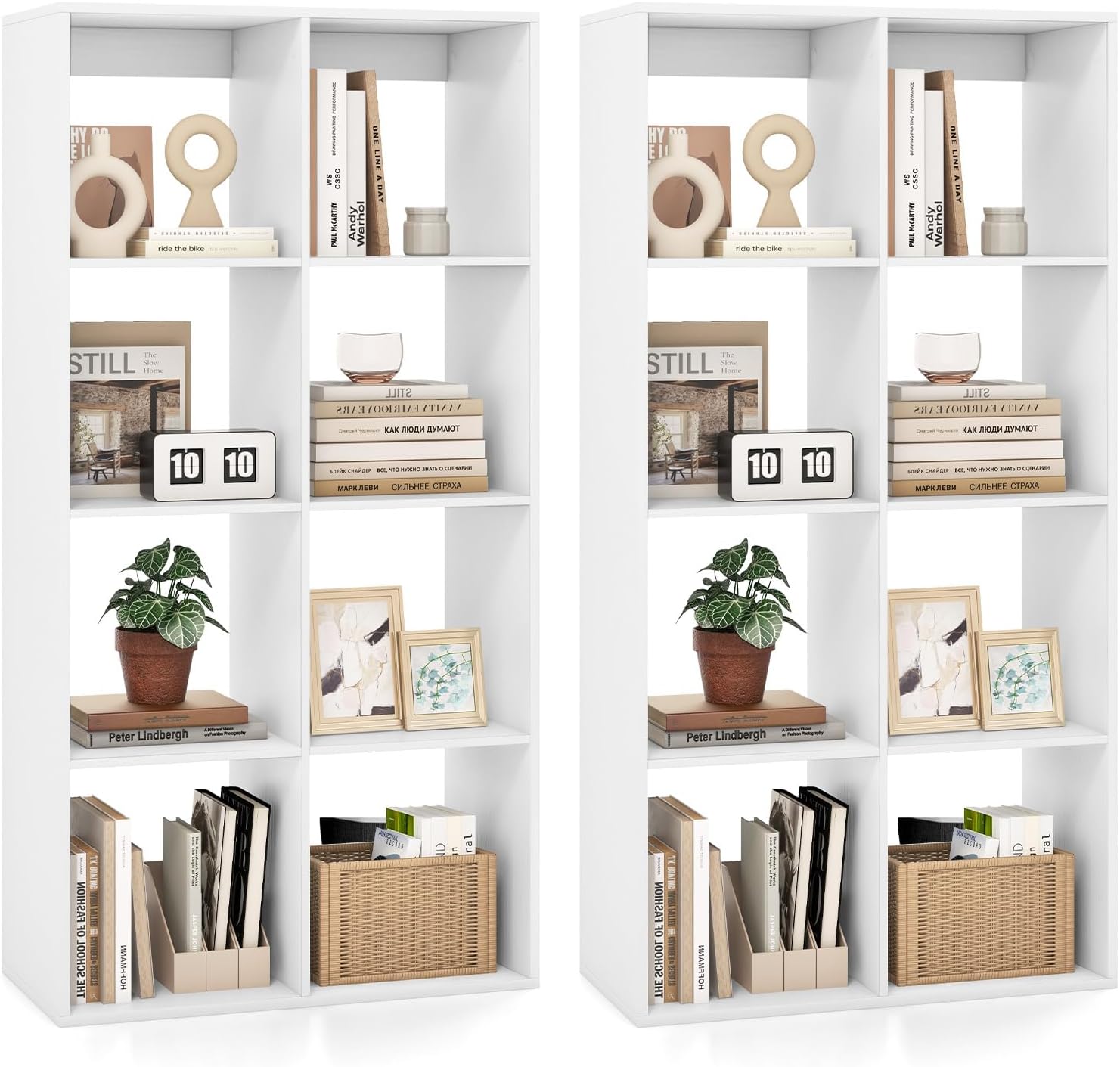 Tangkula Cube Bookcase, Bookshelf with Open Compartments, Freestanding Cube Storage Organizer with Anti-Toppling Kits, Modern Display Shelf for Living Room, Study, Office, White (8-Cube, 2)