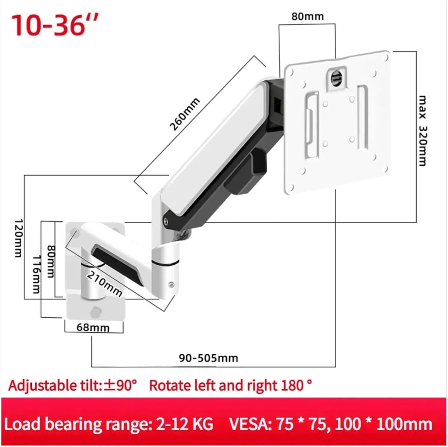 Wall-mounted single monitor arm, compatible with up to 36-inch wall-mounted monitor brackets, load-bearing capacity of 12KG, adjustable monitor arm.(W3P)