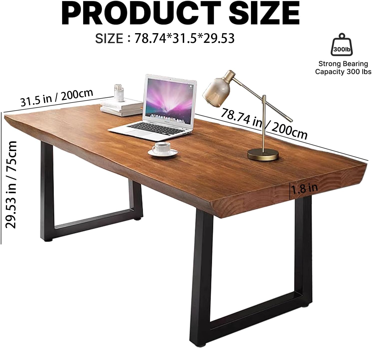 Modern Minimalist Solid Wood Office Desk with Metal Base Easy to Assemble Durable Writing Table Dining Table Computer Desk Multiple Ideal for Living Room and Dining Room (78.7inch)
