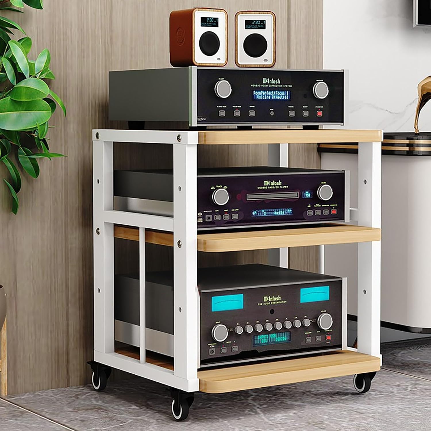 3-Tier Metal Steel Shelf Media Stand Audio/Video Component Cabinet with Height Adjustable Wooden Shelf Perfectly Fits DVD Player for Home/Office (Size :50x45x61cm)