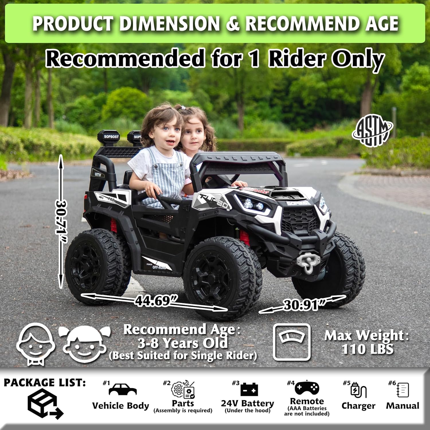 sopbost 24V 7Ah Ride On Toys for Big Kids Ride On Car with Remote Control Battery Powered 4x4 Electric Vehicle Kids UTV, EVA Tires Wheels, Music Play, White