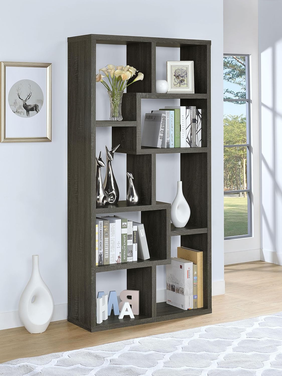 Coaster Home Furnishings - Theo - MDF and Engineered Veneer - 7-Shelf Geometric Bookcase with Transitional Style - Living Room and Home Office - 71-Inch - Weathered Gray - 800510
