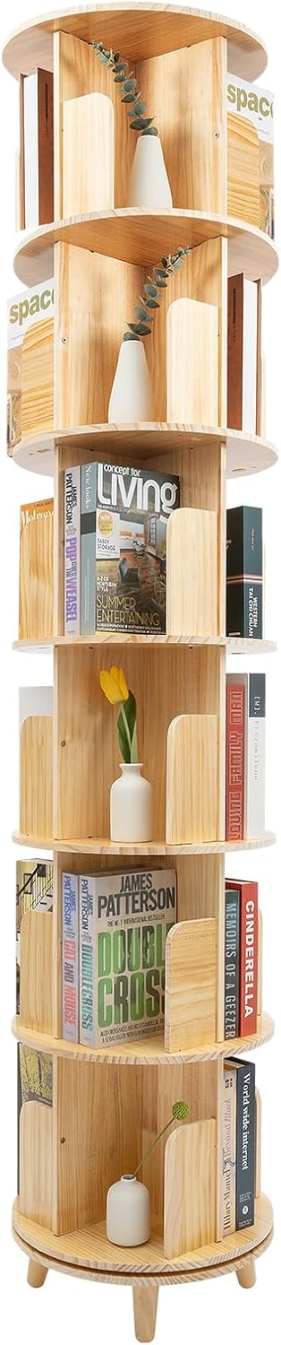 mignonnememe Rotating Bookshelf 6 Tier 360 ° Display Stackable Spinning Bookshelf Tower Floor Standing Swivel Bookcase Corner Storage Organizer for Bedroom Living Room