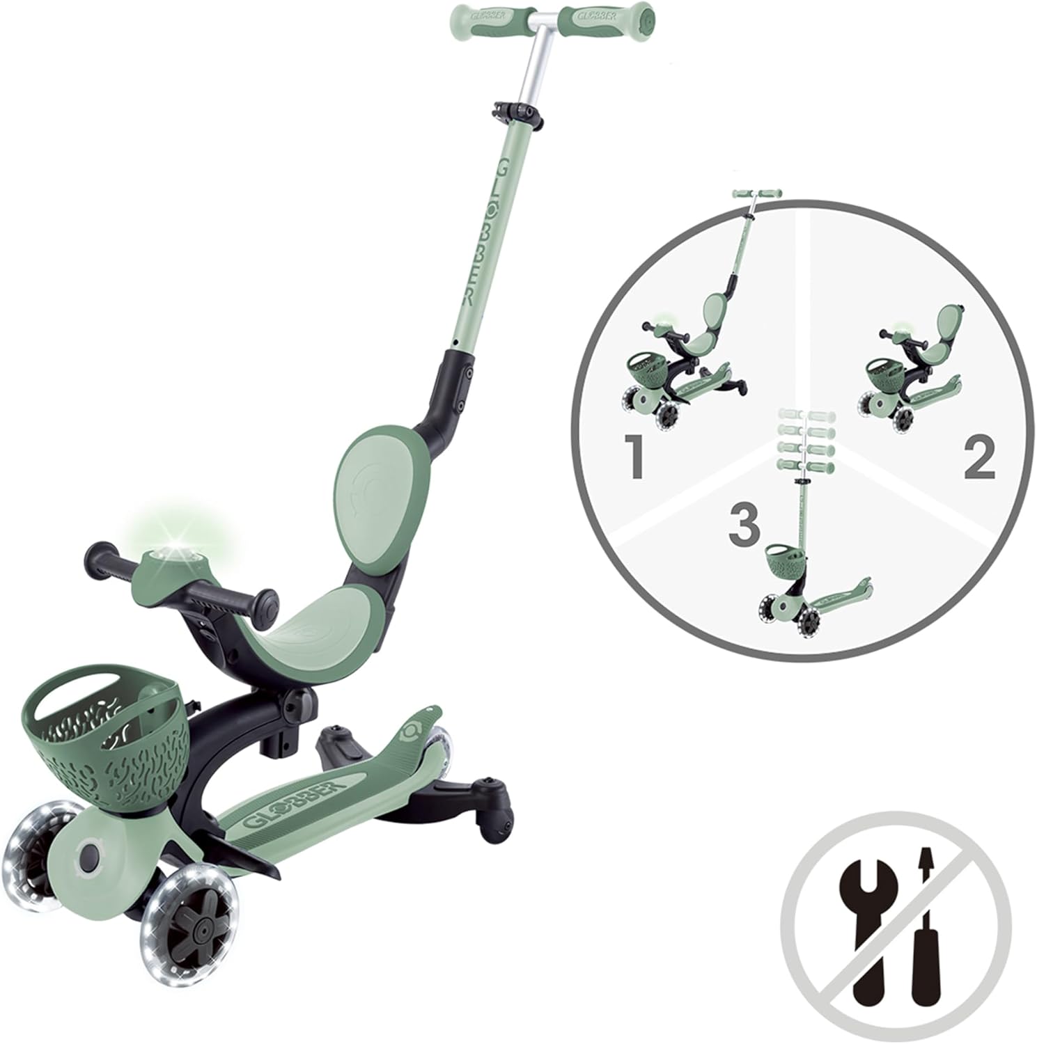 Globber - GO•UP Baby 360 Lights - Scalable Scooter 3 Wheels with Seat and Backrest for Children from 15 Months to 6 Years, Sage Green