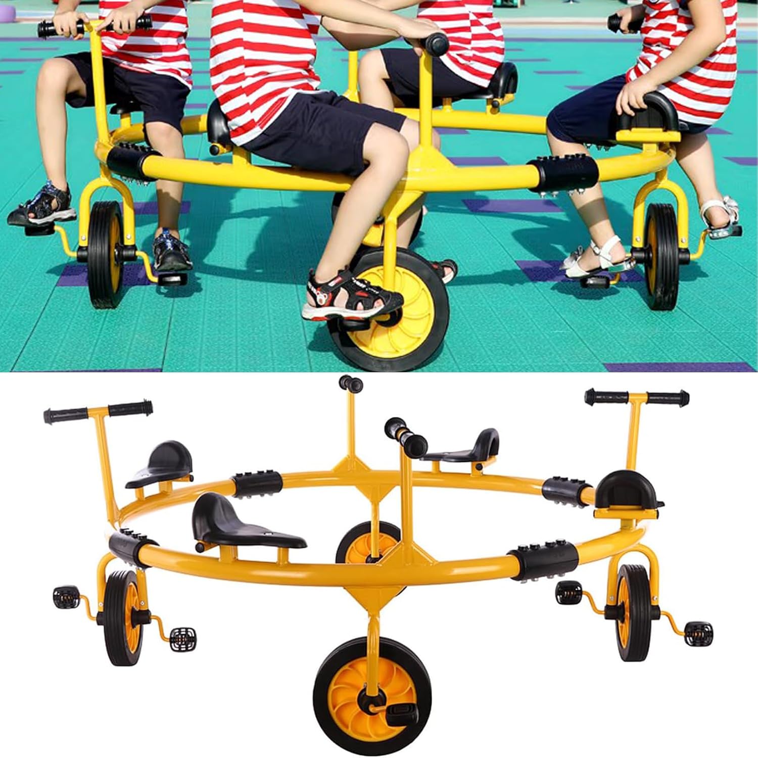 Yellow,Kindergarten Carousel,Children's Tricycle,Simple Four-Seater Spinning Bicycle Bicycle,Big Wheel Kids Ride on Bike,Kids Outdoor Playground Equipment Early Childhood Education