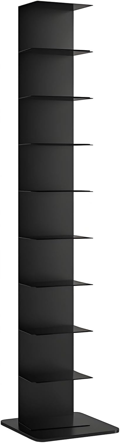 ZGLGKL 9 Tier Metal Spine Bookshelf Tower, Modern Free Standing Open Vertical Bookcase, Invisible Narrow Floating Storage Rack for Small Spaces, Living Room, Bedroom, Office (Black)