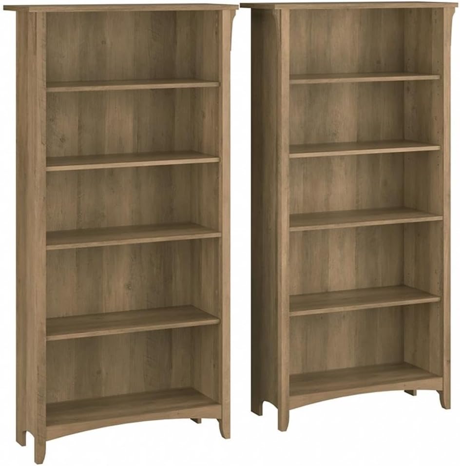 Bush Home Salinas Tall 5 Shelf Bookcase - Set of 2 in Reclaimed Pine, Vertical Office Storage, Bookshelves for Home Workspace, Multi-Purpose Shelving Units
