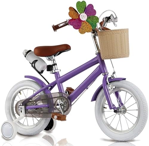 Adjustable Toddler Bike for Girls 3-12 Years, 16/20 Inch Kids Bicycle with Training Wheels, Basket, Bell, Windmill, Water Bottle Holder & Handbrake