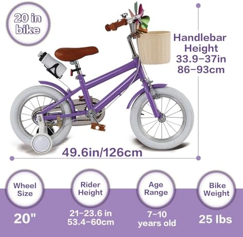 Adjustable Toddler Bike for Girls 3-12 Years, 16/20 Inch Kids Bicycle with Training Wheels, Basket, Bell, Windmill, Water Bottle Holder & Handbrake
