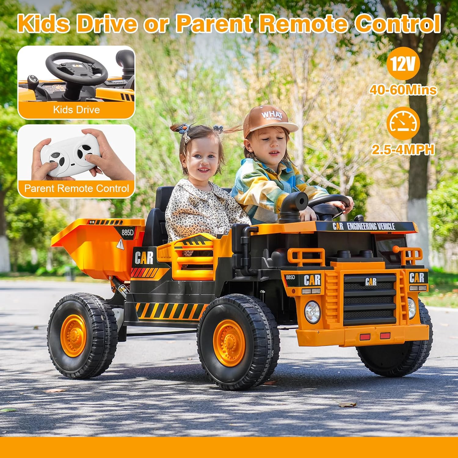 2-Seater Electric Ride on Truck Toy Car Construction Vehicle for Boys, 12V Kids Ride on Dump Truck, Remote Control, Key Start, Shovel, Dump Bed, Music, Birthday Gift (Yellow, 12V)