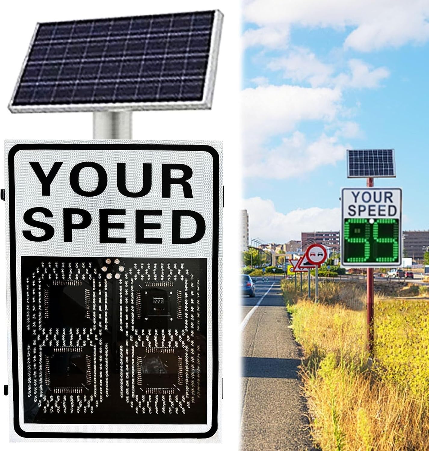 LED Radar Display Detector, New Solar Flashing Speed Limit Sign, White Road Warning Safety, Measurement(60 * 90cm)