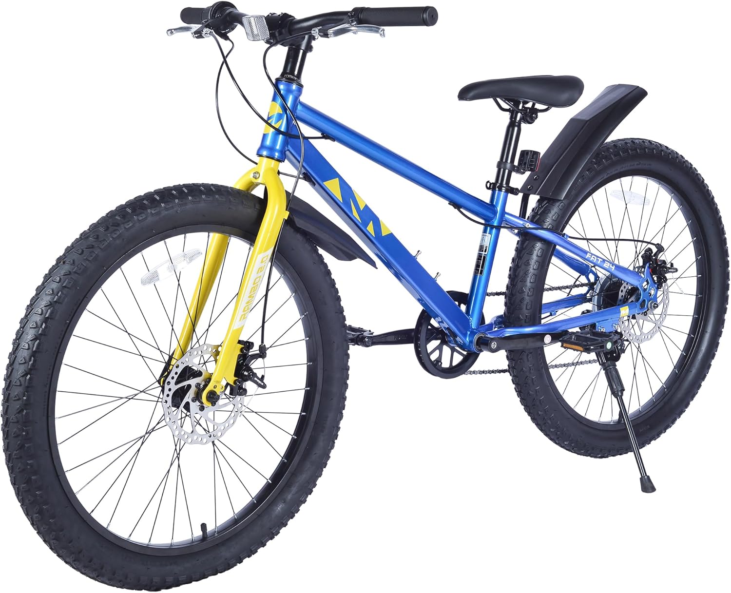 24x3.0 Fat Tire Kids Mountain Bike Snow Bike Beach Bike for 10-15 Years Old Steel Frame Disc Brake Bike 7 Speeds, Blue&Yellow