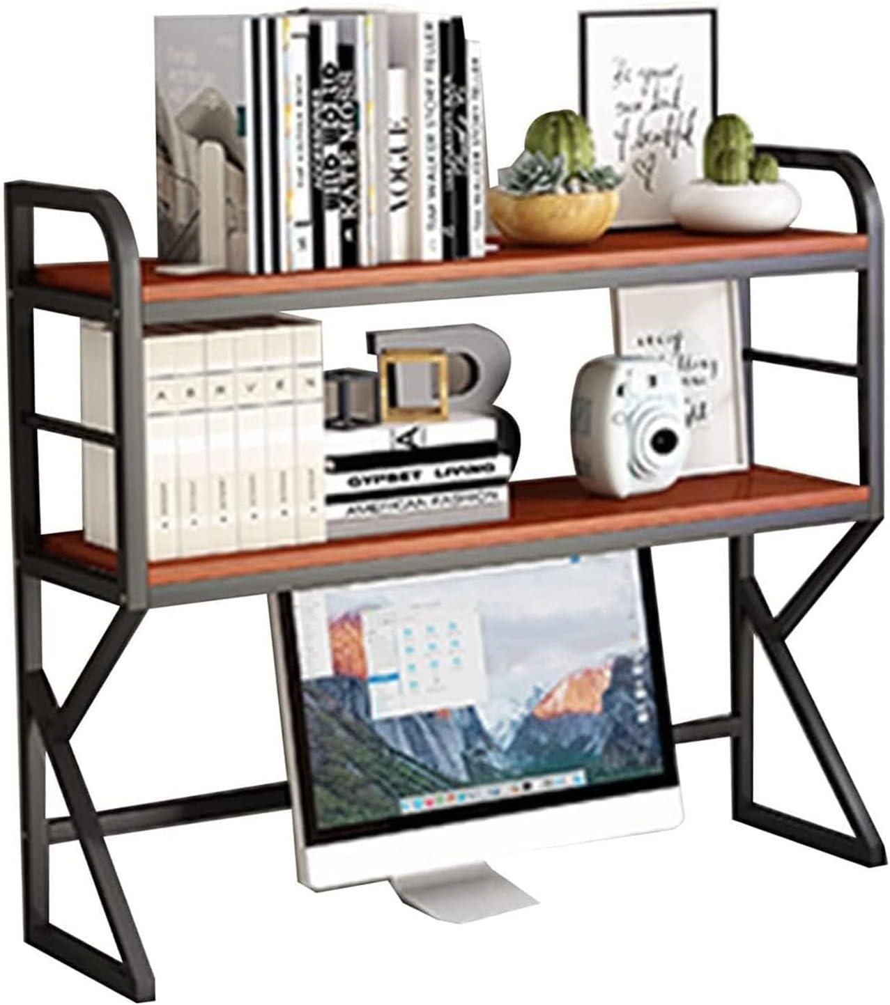 Computer Desk Bookshelf Hutch - 2 Tier Desktop Bookshelf / Bookcase, DIY Storage Rack Organizer, Multipurpose Countertop Hutch Bookshelf, Office Supplies Desk Organizer Display Rack ( Color : E , Size