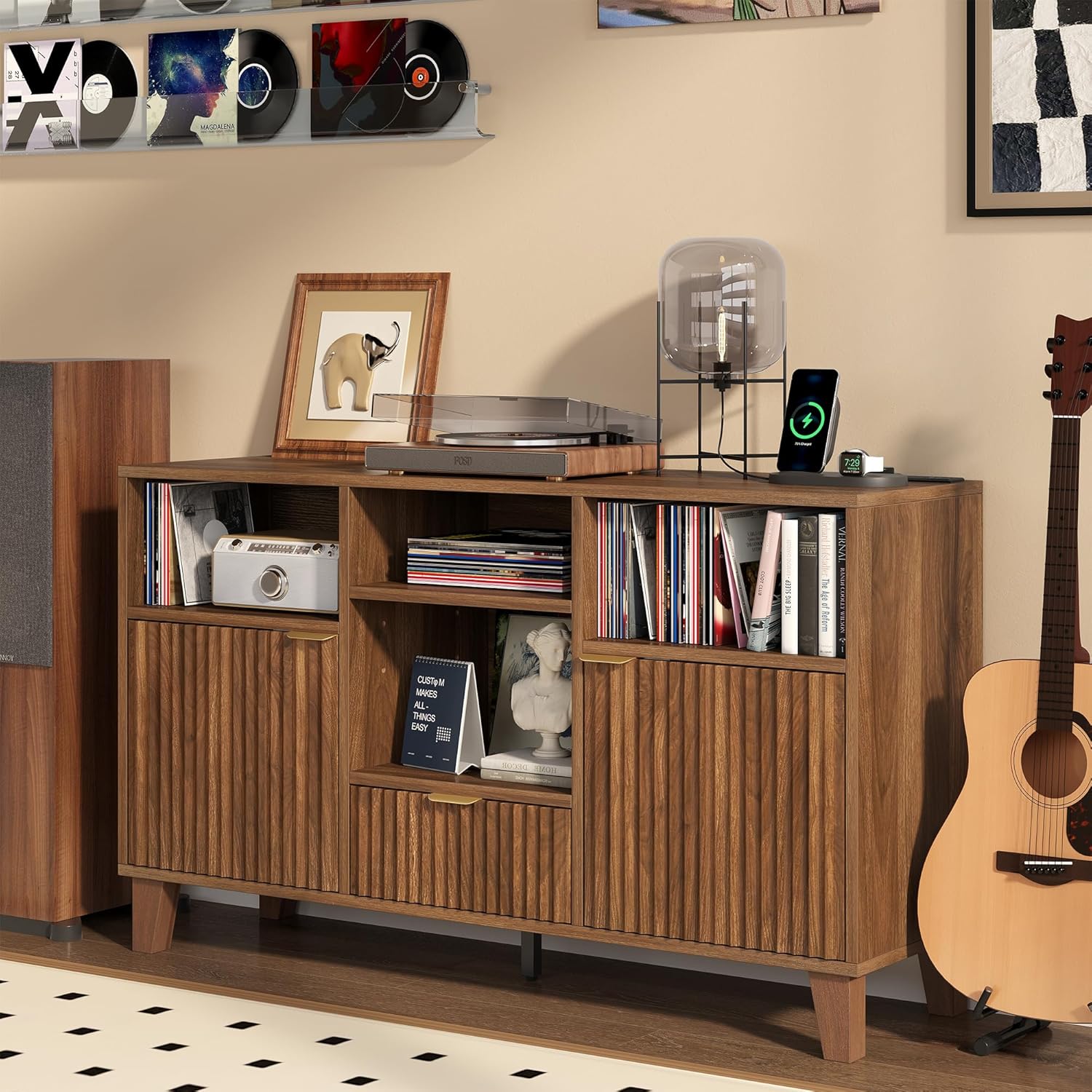 knoworld Large Record Player Stand with Vinyl Storage