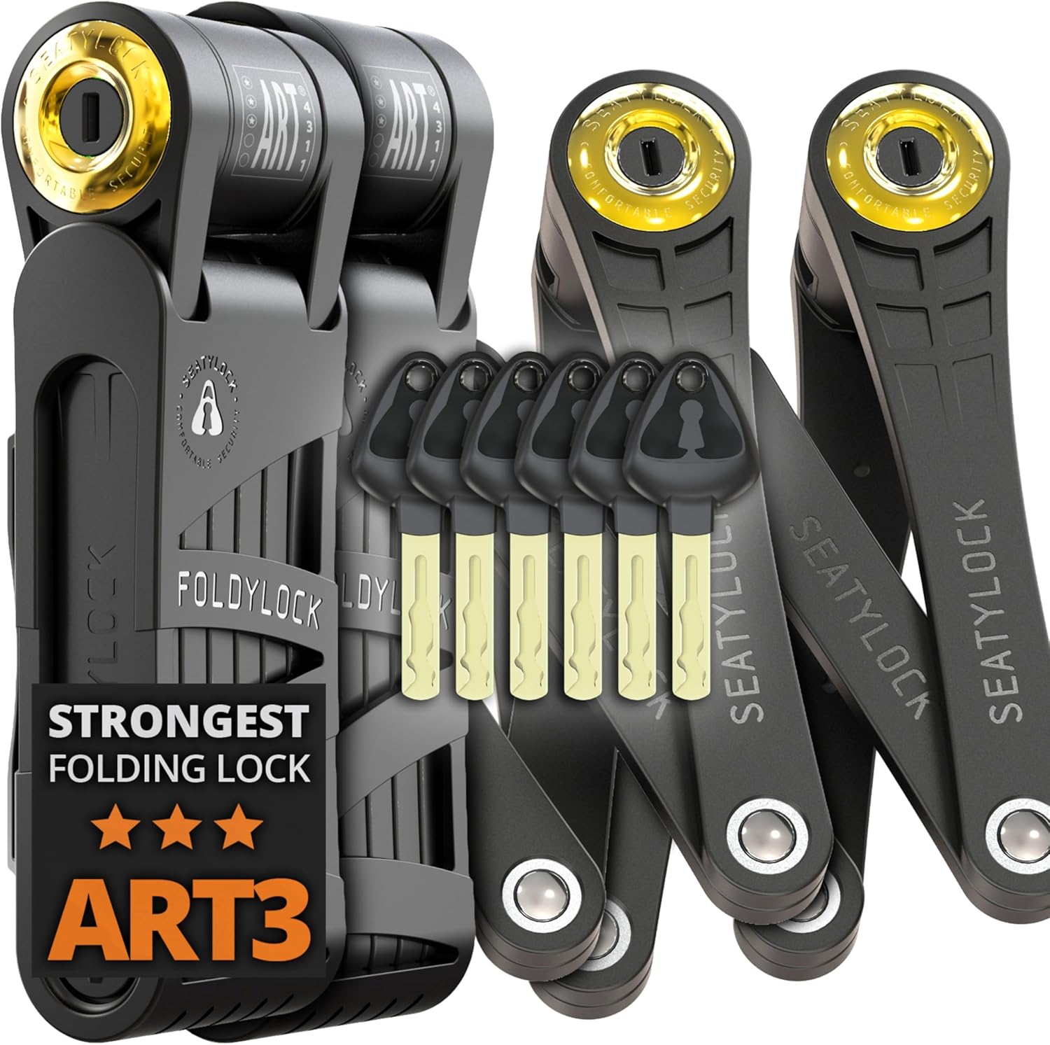 Seatylock FoldyLock Forever Folding Bike Lock Set - Patented 2 Matching Bicycle Locks with 6 Identical Keys - 18/18 Heavy Duty Anti Theft Secure Guard with Keys & Case Mount - 35.4