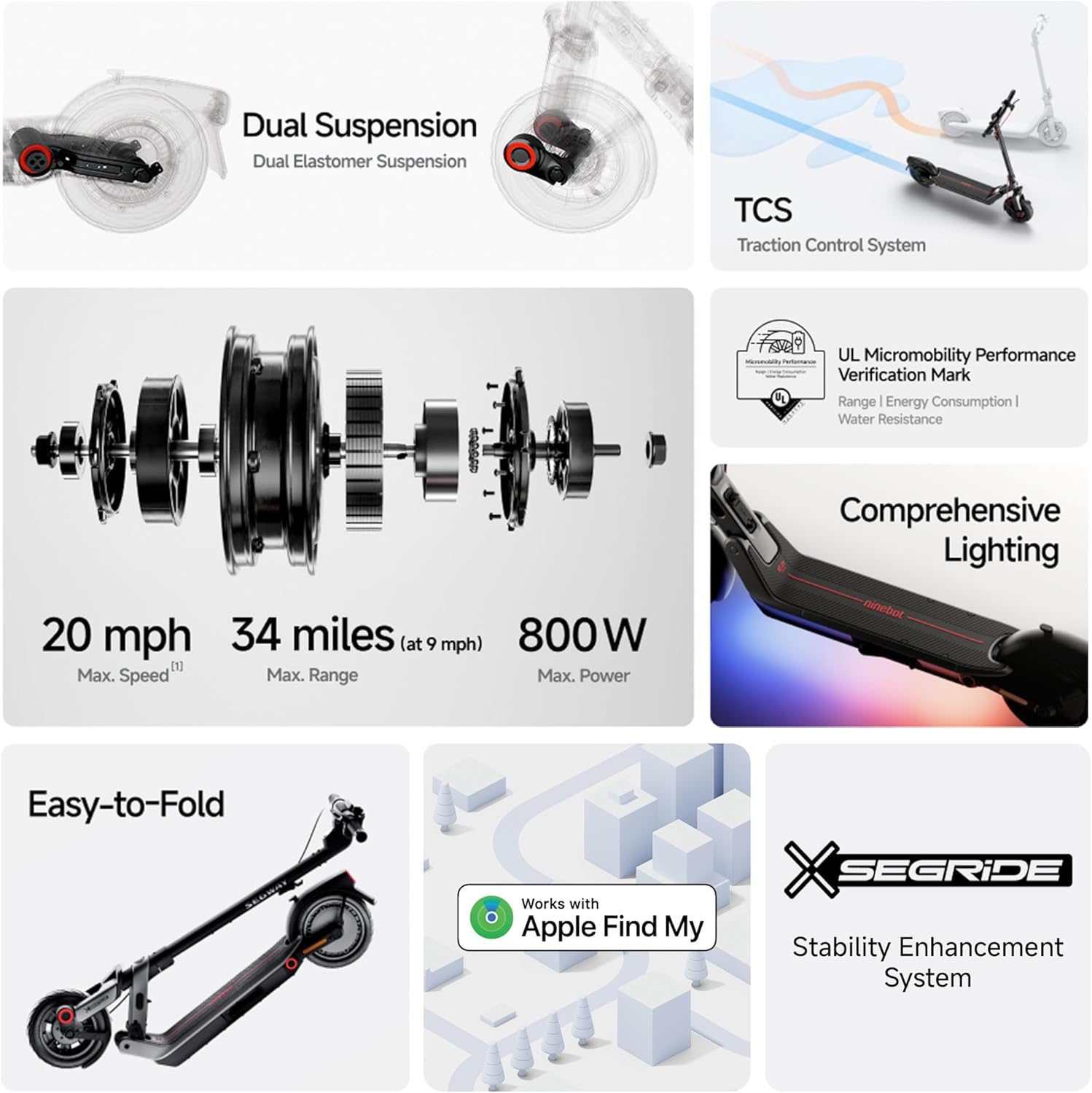 Segway Ninebot E2 Plus II/E2 Pro/E3 Pro Electric Scooter, 15.5–20 MPH, Long Range, Dual Elastomer Suspension (E3 Pro only), Foldable Adult Scooter, UL 2272 & 2271 Certified