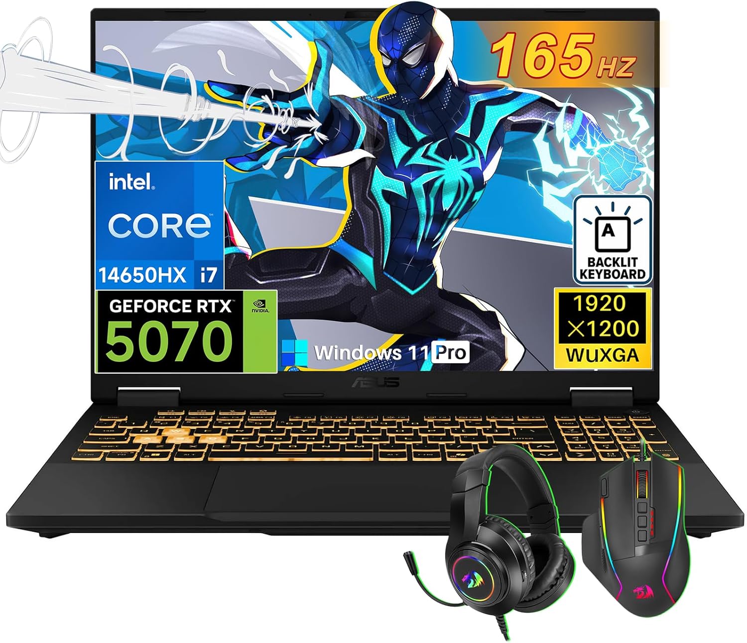 ASUS TUF F16 Gaming Laptop, 32GB DDR5 5600GHz, 2TB PCIe Gen4 SSD, 16” 165Hz 16:10 Display, Intel Core i7 Processor 14650HX, NVIDIA GeForce RTX 5070, RGB Backlit KB, Windows 11 Pro, w/Accessories