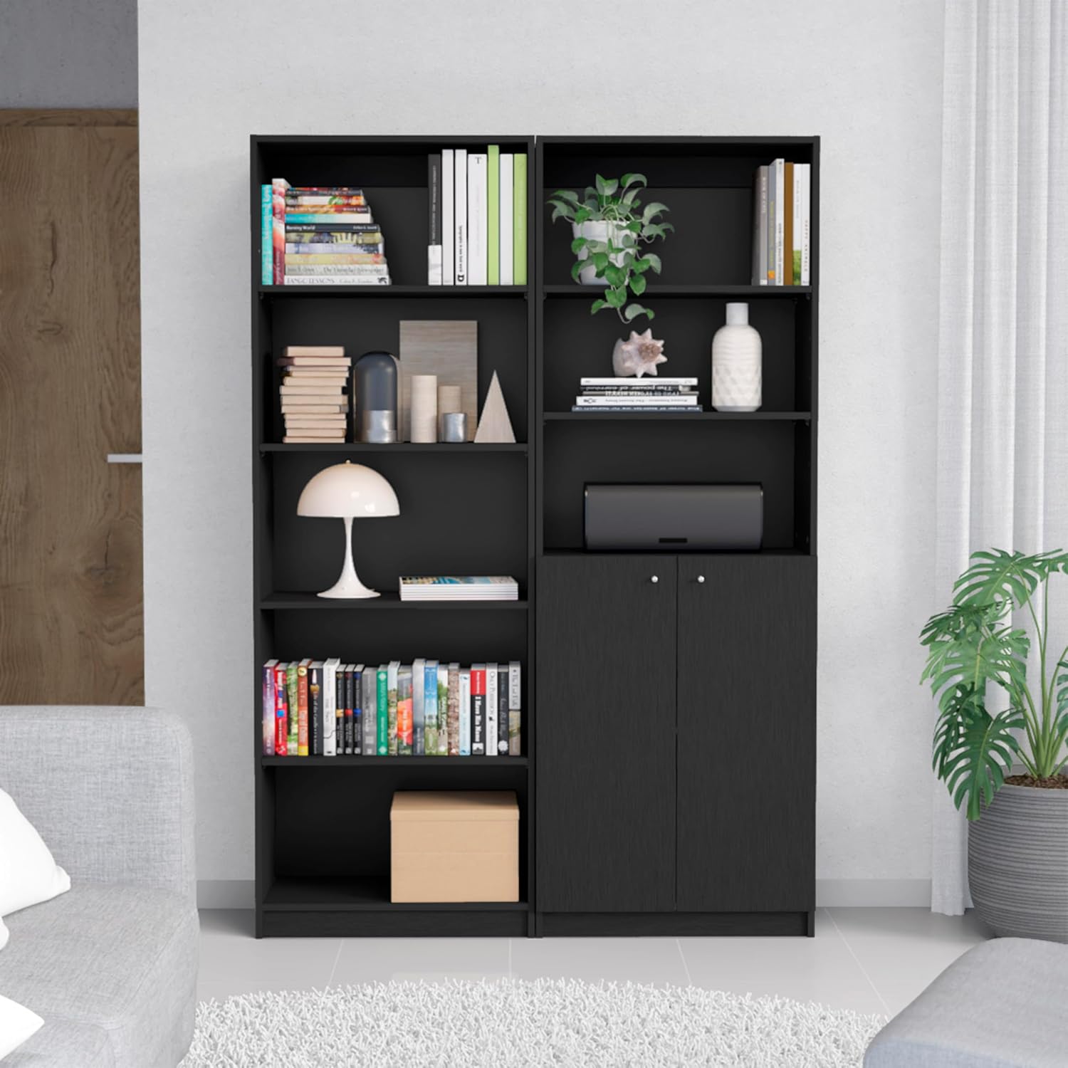 Benicabaly Stylish & Functional 2 Piece Bookcase Set with Double Door Cabinet, 8 Shelves, Modern Design, Black