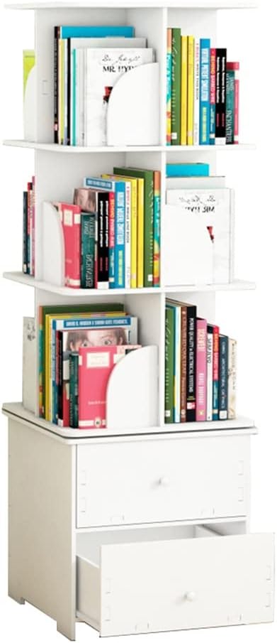 360 Degree Rotation Square Bookshelf, White Floor Standing Wooden Bookcase with Drawers Book CD Frame Display Shelf (Size : 3 Tier)