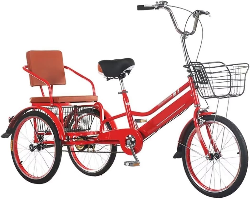 Elderly Tricycle,Adult Rickshaw Pedal Tricycle,Leisure Vehicle,16inch/20inch Tandem Trike with Rear seat,Sensitive Dual Brakes,Scooter Bike (red 20 in)