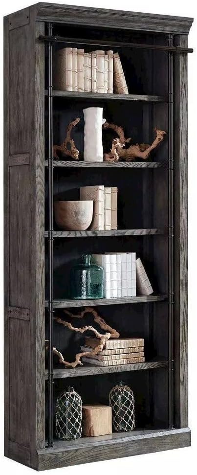 Starlight Canyon Home 8-Foot Tall Wood Bookcase, 5 Adjustable Shelves, Ringed Steel Frame, Hand Applied Finish, Storage, Gray Wood