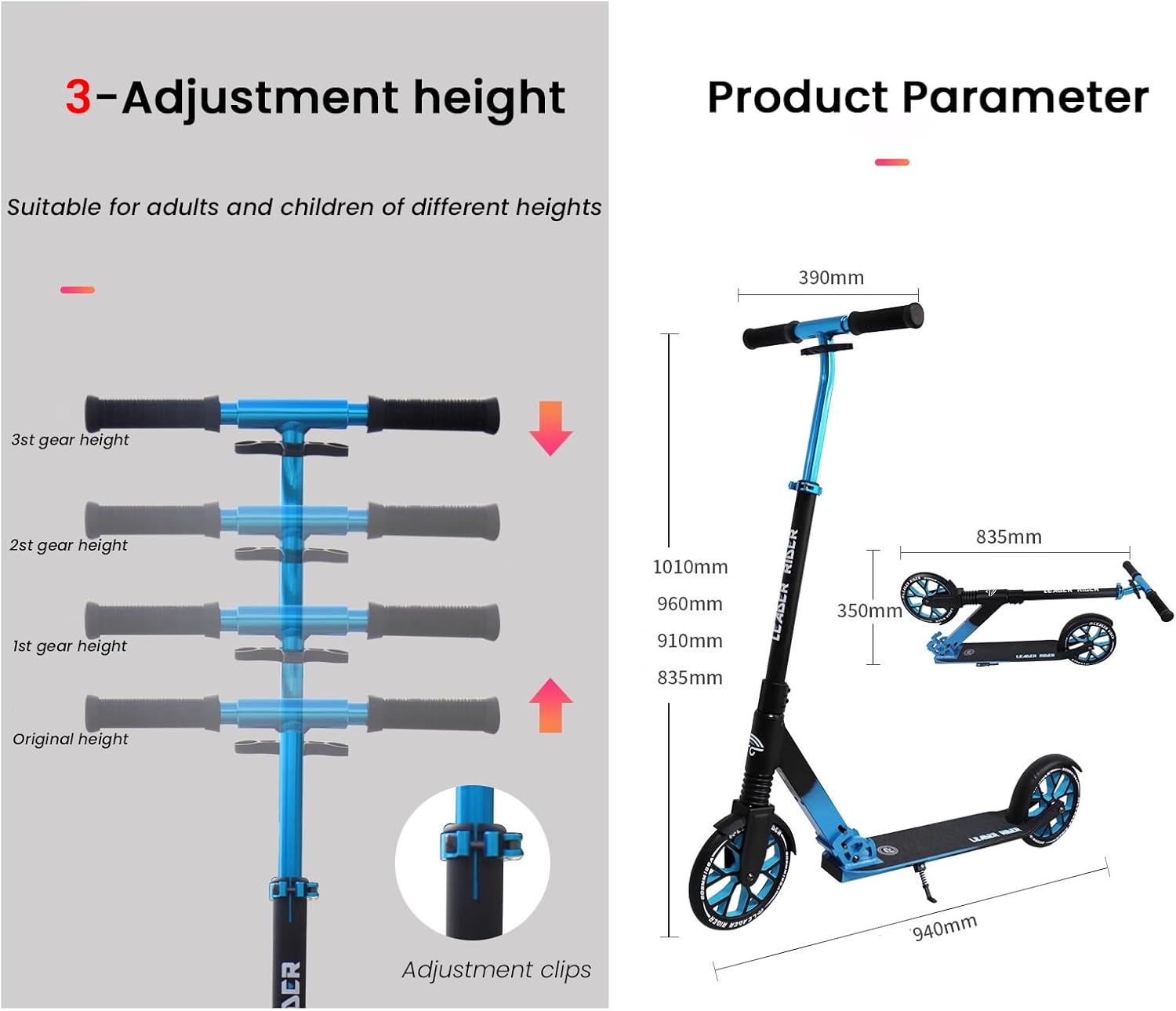 Kick Scooter for Teens & Adults,Scooters for Kids 6 Years And Up,3 Adjustable Height,Big Wheels,Lightweight, Anti-Slip Rubber Grips,Non-Slip Thickened Deck,Shock Absorber, Portable Kick Scoote