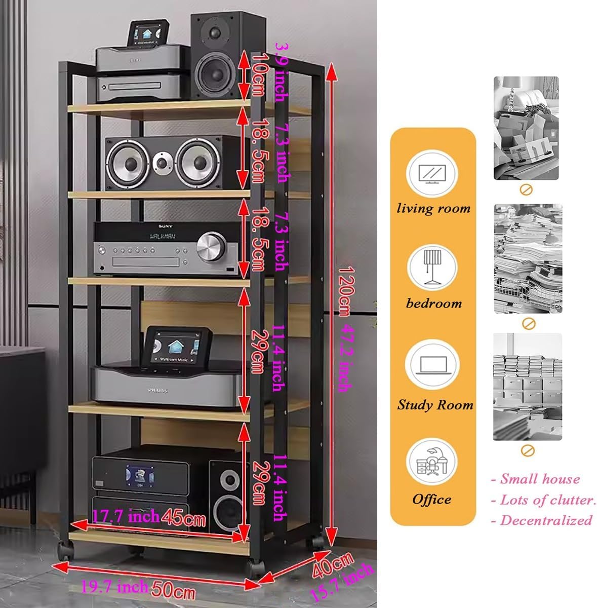 DFEDHF 47in Tall Audio Rack Stereo Cabinet Media Stand Component Storage Unit