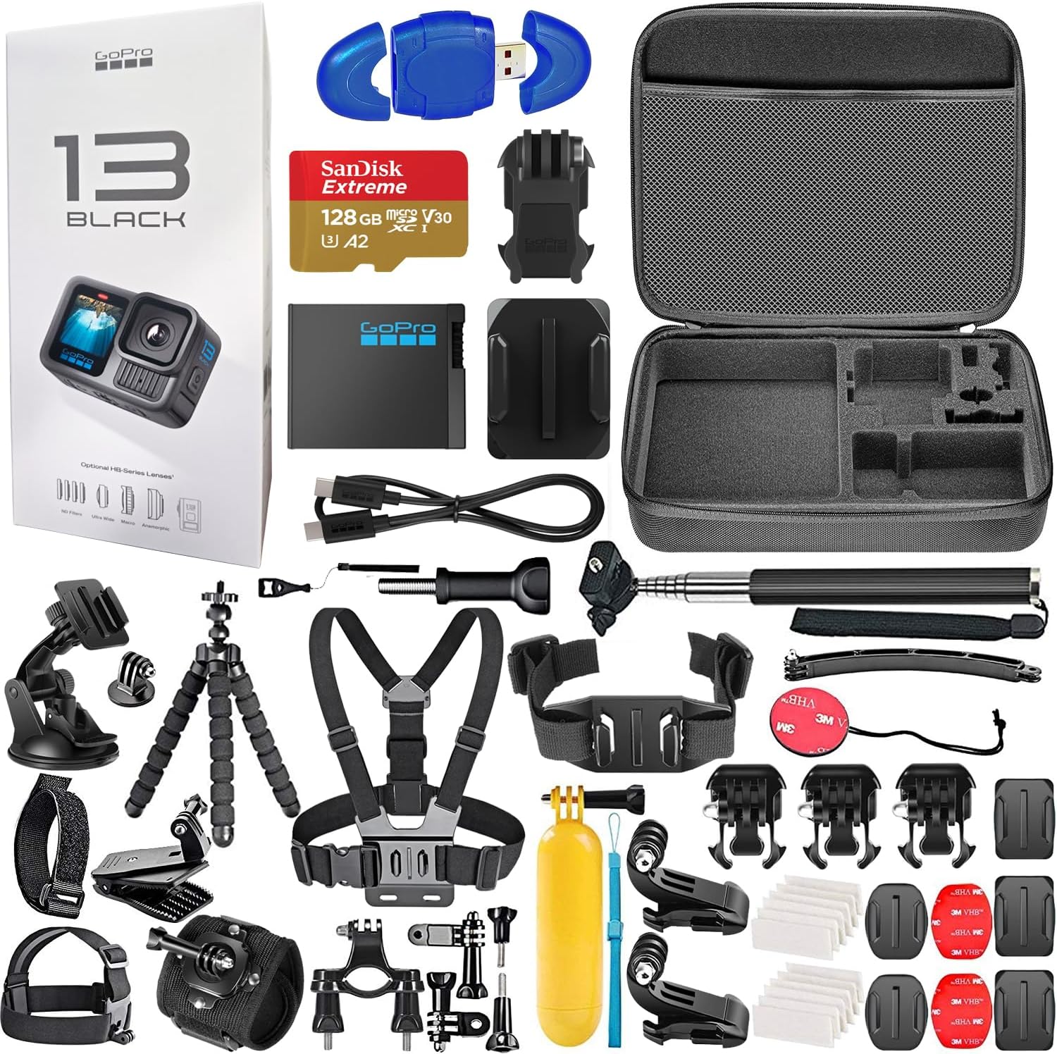 GoPro HERO13 (Hero 13) Black - Waterproof Action Camera with 5.3K Ultra HD Video, 27MP Photos, Live Streaming, Webcam, Stabilization + 128GB Card, 50 Piece Accessory Kit - Bundle (Renewed)
