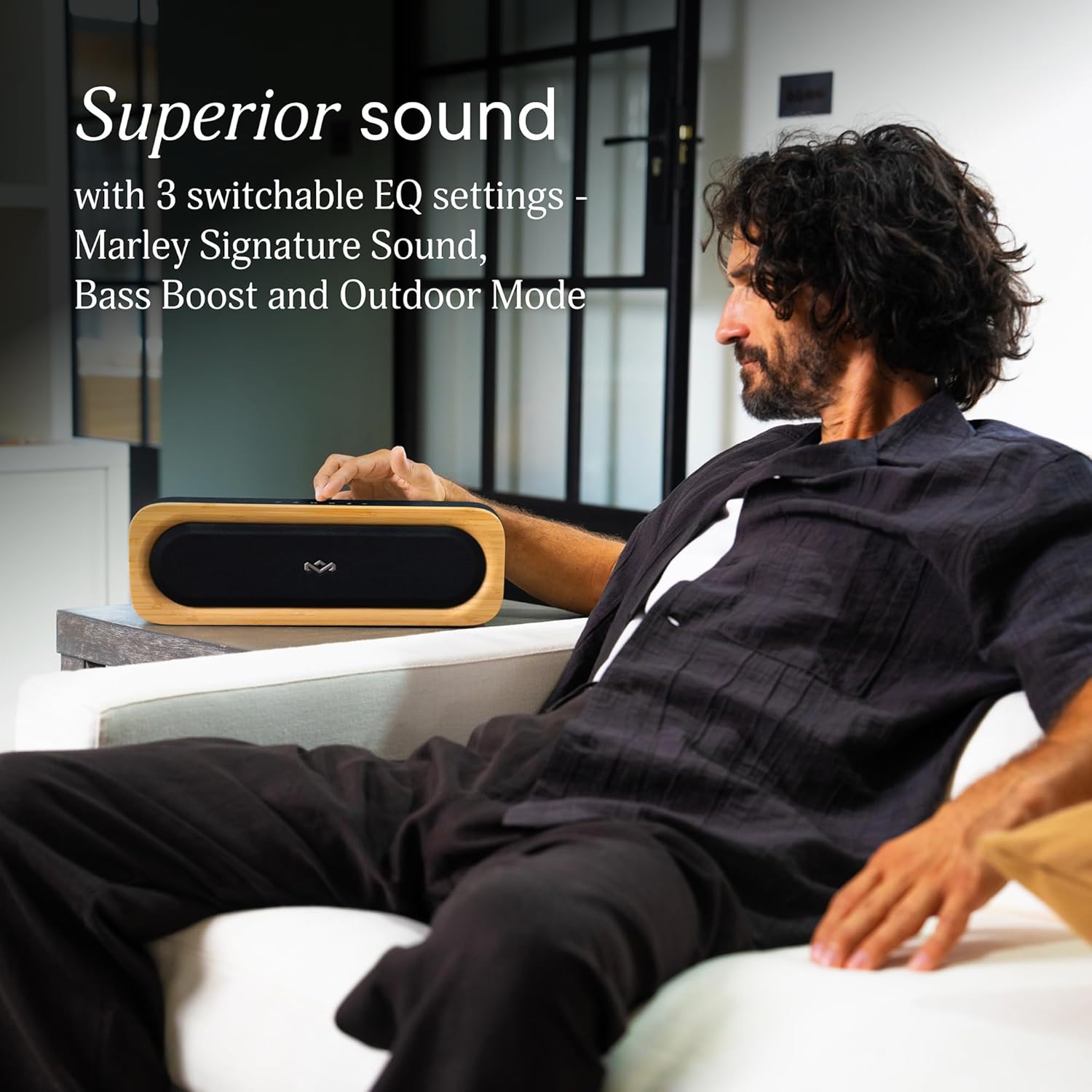 House of Marley Get Together 3 Bluetooth Speaker, 10Hr Playtime, USB-C Fast Charging, EQ Sound Modes, Ambient LED Light, 30m Wireless Range, Bamboo & Rewind Fabric Design (Signature Black)