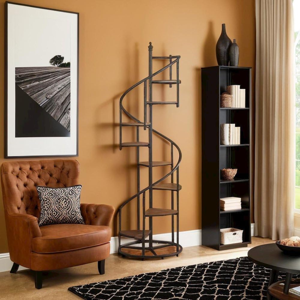 Elegant 8-Shelf Spiral Staircase Bookcase in Rustic Brown and Black by FurniFact