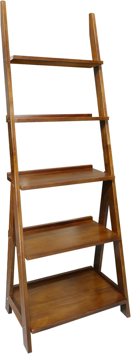 Amber Solid Wood 5-Shelf Freestanding A-Frame Ladder Bookcase, Warm Brown