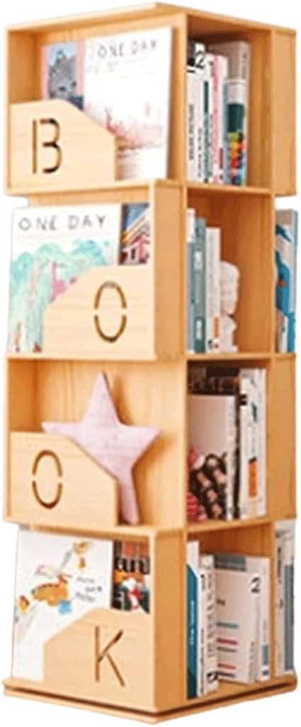 Rieort Fashion Bookshelf Square Solid Wood Bookshelf 360 Degree Rotation Bookcase Storage Display Rack Bookcase Home Office Bookshelves not Shaking