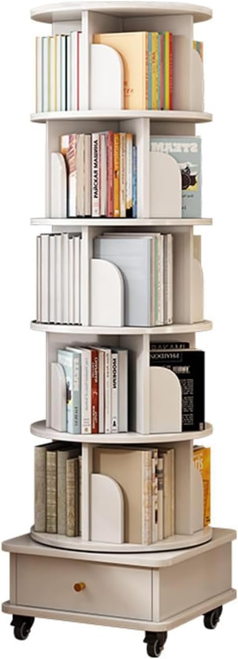 AJLDN Rotating Bookshelf Tower, 360° Spinning Bookcase with Wheels and Drawer, Large Capacity Corner Bookshelves and Bookcases for Living Room, Bedroom, Office, Space-Saving Storage,White