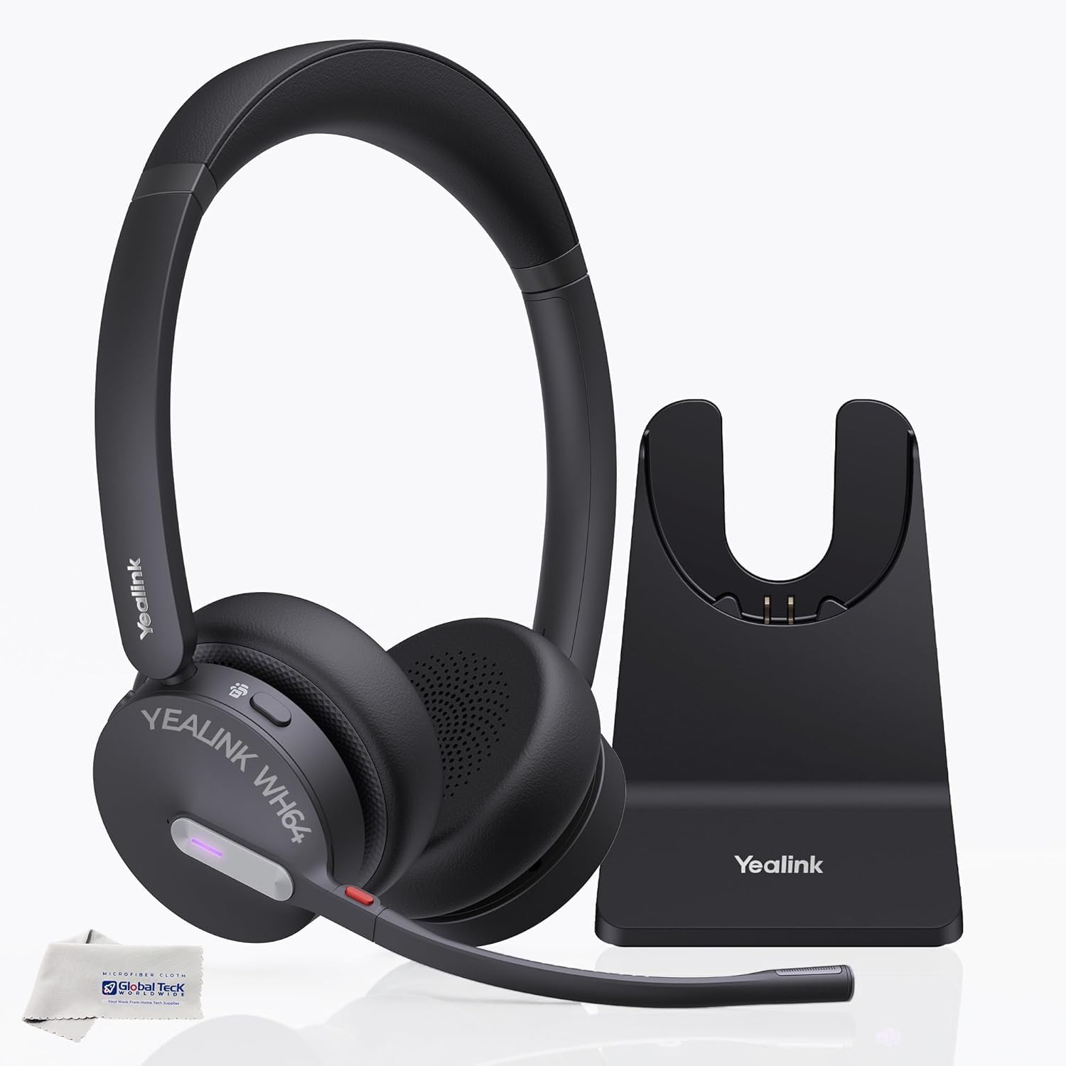 Yealink WH64 Hybrid Wireless Headphones DECT & Bluetooth Duo MS with Charging Stand, Teams Certified, For PC, Laptop & Mobile, USB-C Dongle, 150m Range, 3-Mic Noise Cancelling Acoustic Shield 2.0