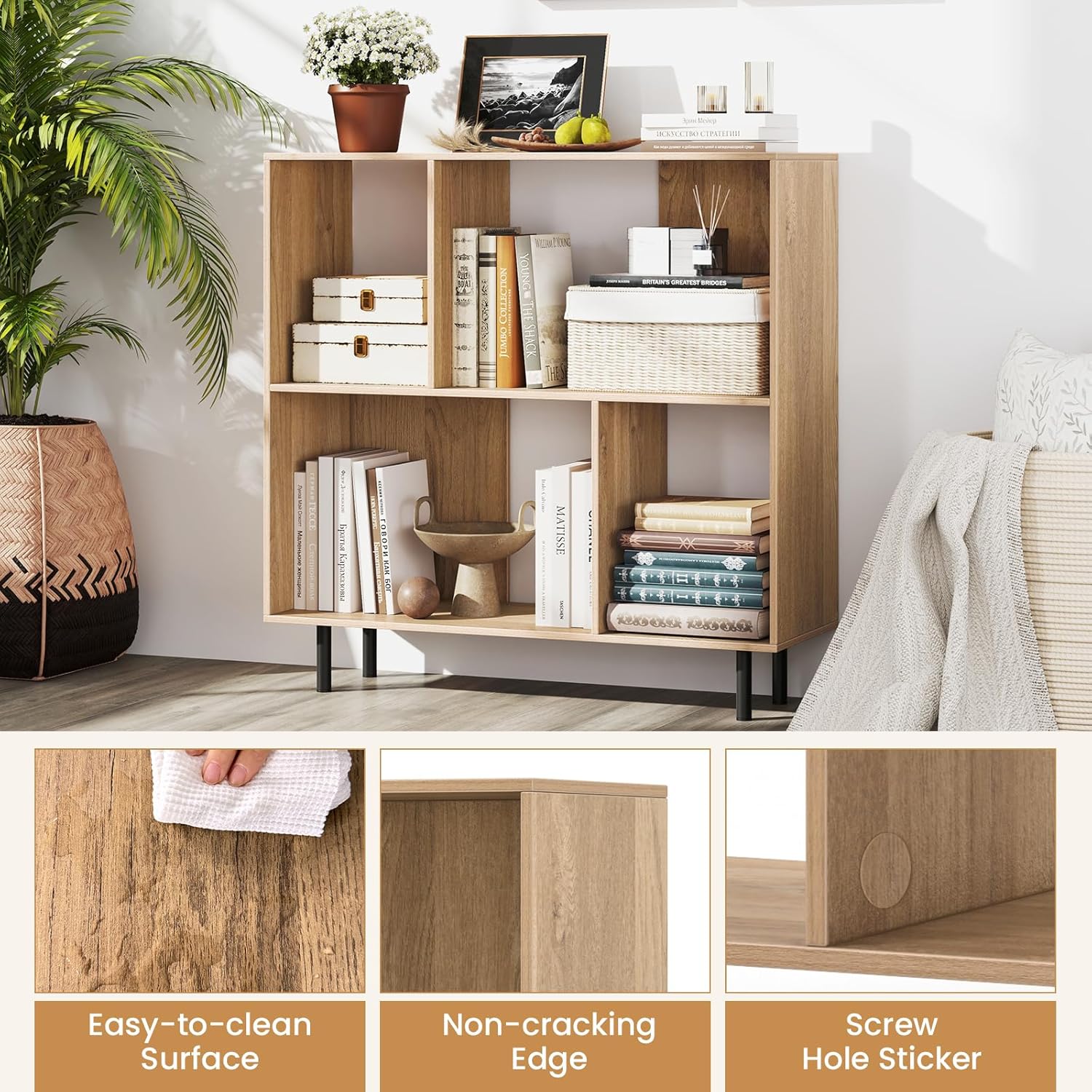 Tangkula 4 Cubby Open Bookcase, 3-Tier Freestanding Bookshelf with Detachable Metal Legs, Anti-toppling Device, Anti-Falling Baffles, Modern Cubicle Display Shelf (2,Natural)