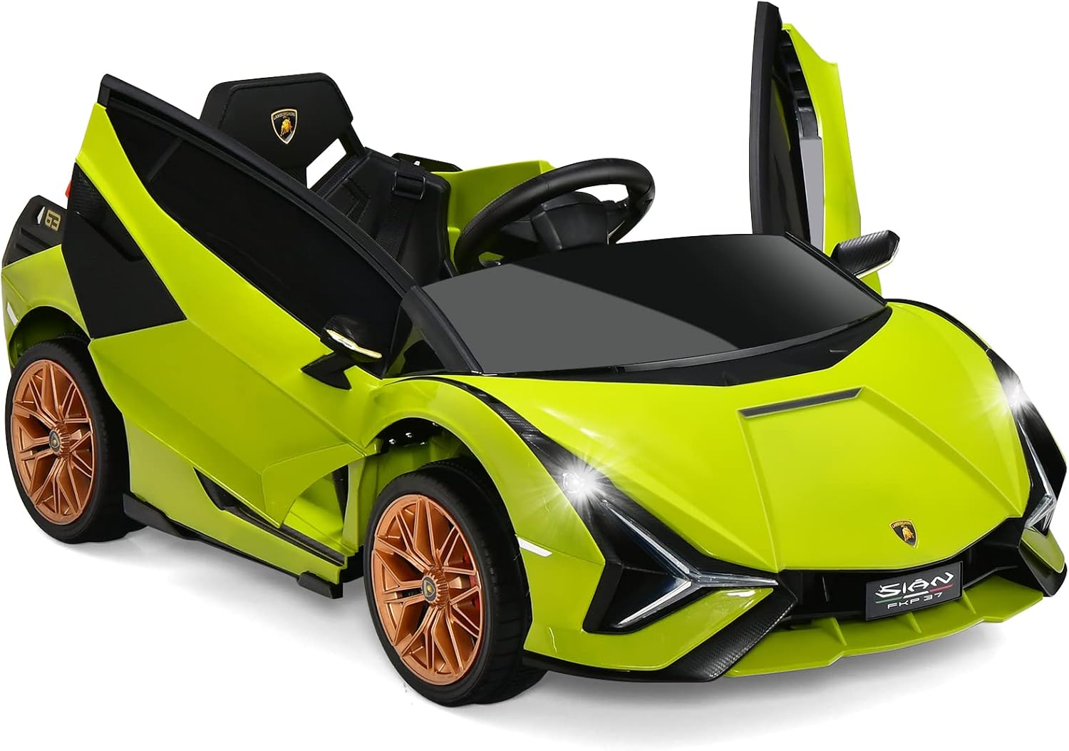 OLAKIDS Kids 12V Licensed Lamborghini SIAN Ride On Car, Electric Vehicle for Toddler with Control Remote, Battery Powered Toy with Music, Horn, 2 Speeds, Suspension, LED Lights, Bluetooth, USB (Green)