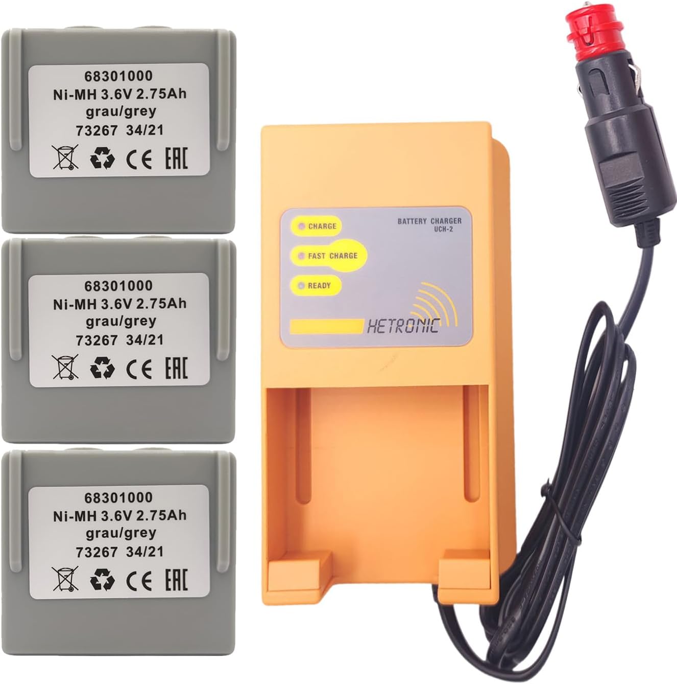 (3*Battery+1*Charger) 68300900 68301000 Battery Charger UCH-2 with 2750mAh 3.6V Hetronic 68301000 Ni-MH Battery Compatible with Hetronic 68300900/68300990 Batteries(Input 10-30VDC, Out 300/780mA)