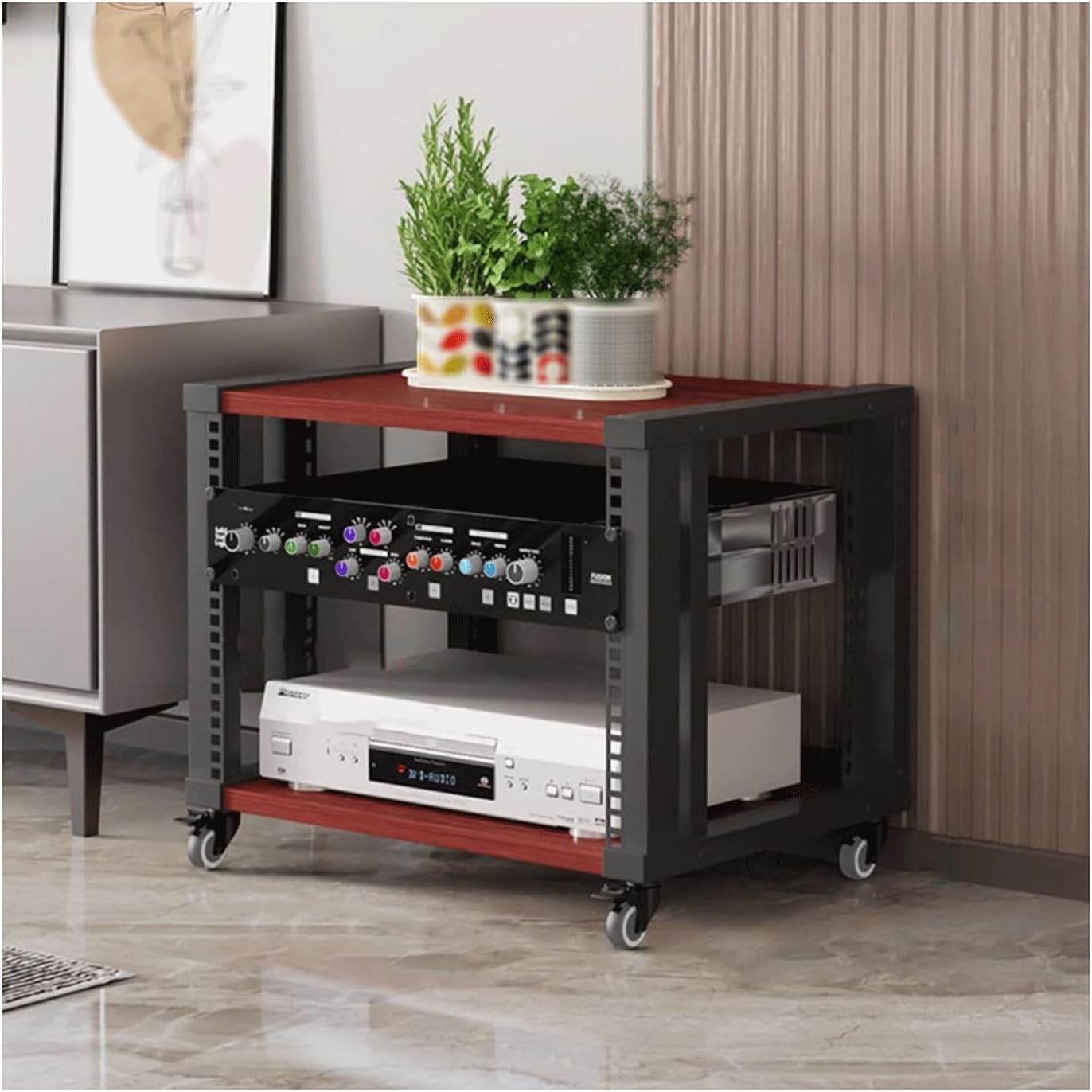 XMFBSY Medios Audio Rack Wooden Audio-Video Media Stand with Adjustable Shelves Multifunctional Record Player Stand Open Stereo Cabinet for Home Organizer(Brown