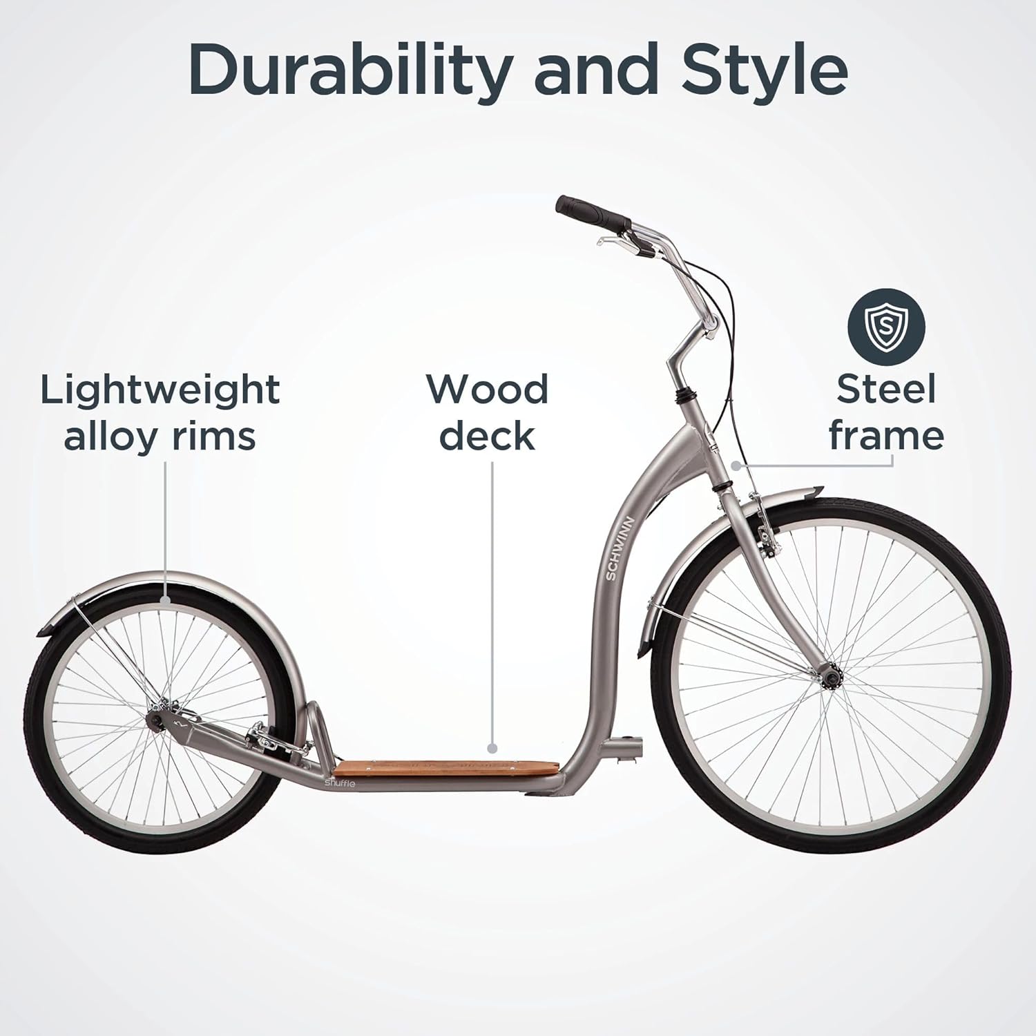 Schwinn Shuffle or Shuffle Deluxe Adult Kick Scooter, 26 Inch Front Wheel & 20 Inch Rear Wheel, Smooth Ride, Durable Steel Frame, Fenders, Front & Rear Linear Pull Brakes, Two Wheel Scooter for Adults