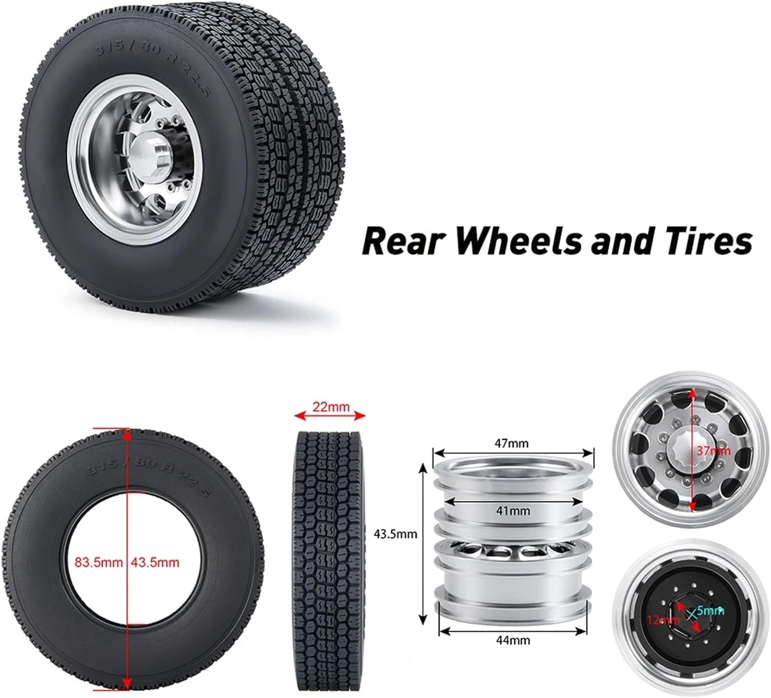 For Tamiya 6x6 1/14 6Pcs Metal Front Rear Wheel Rims And Rubber Tyre RC Truck Tractor Car Complete Set Models