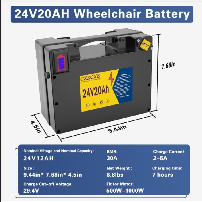 24V Lithium Battery for Electric Wheelchair,30A BMS for 100W 250W 300W 500W Wheelchairs,Rechargeable Battery with Level disply Screen (24V20AH)
