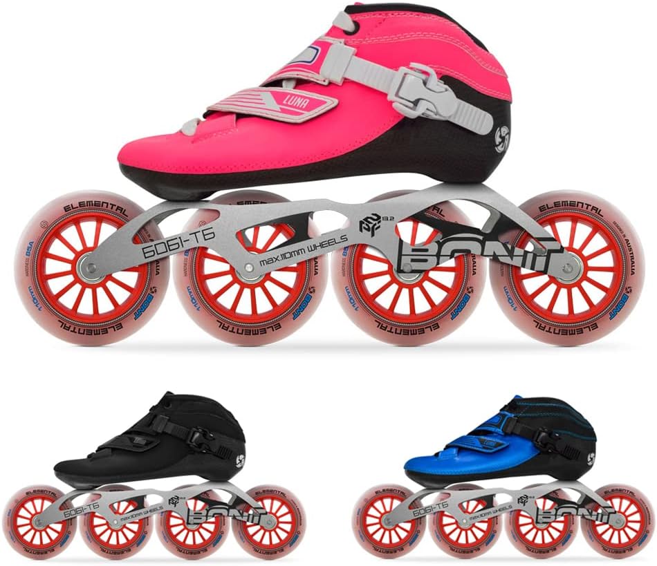 Bont Inline Speed Skating Racing Package - Luna Skate Boot + 2PF 6061 Frame + Elemental Wheels + ABEC7 Bearings - Youth - Boys - Girls - Men - Women