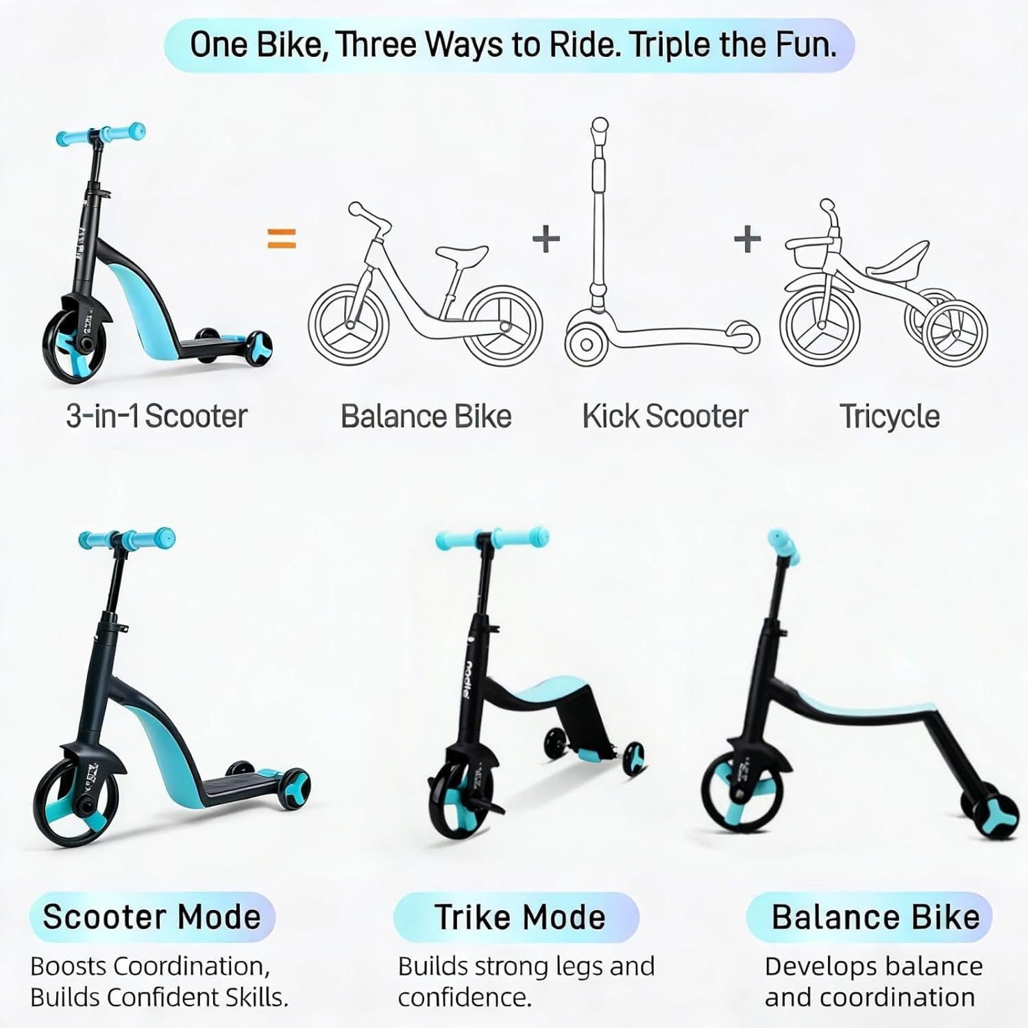 Kick Scooter, Adjustable Height Easy Handlebar, Balance Bike, Tricycle & Kick Scooter Triple-Use Scooter, Easy Turning Wheel