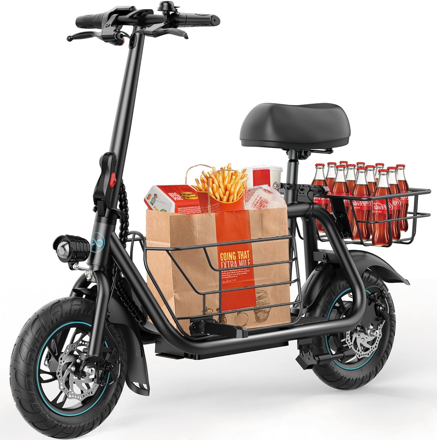 Electric Scooter with Seat, 300W Motor, 15.5MPH Top Speed, 20 Miles Range, Adults E-Scooter with Large Storage Basket for Pets Dogs and Items C1S-PLG